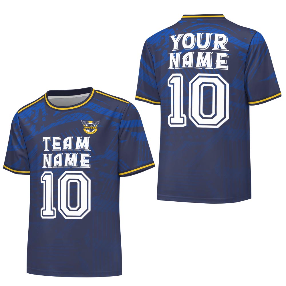 Navy blue football suit set with "TEAM NAME 10" design. Comfortable mesh fabric for sports.