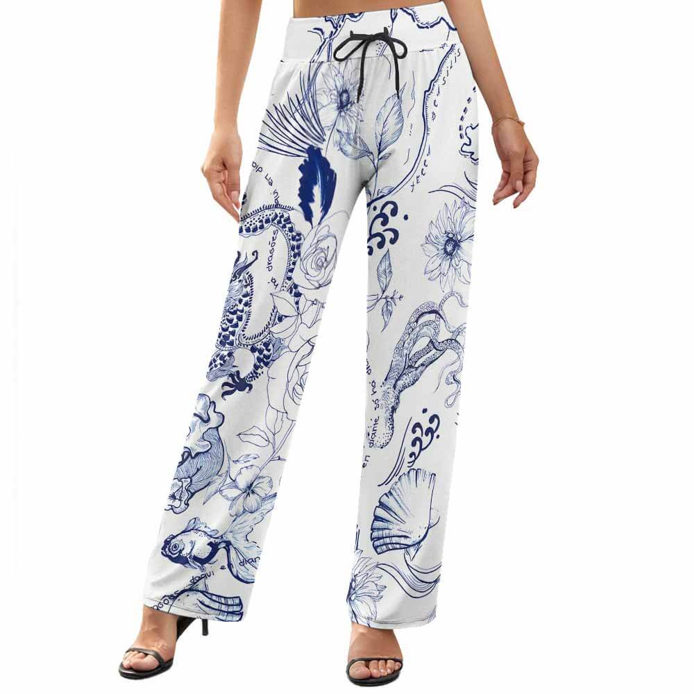 Women's Wide Leg Pants, White and Blue Floral Print, Elastic Waist, Inkedjoy