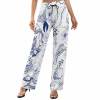 Women's Wide Leg Pants, White and Blue Floral Print, Elastic Waist, Inkedjoy
