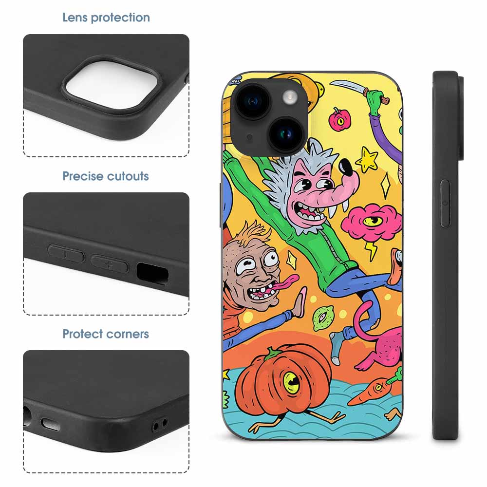iPhone 15 series cartoon case, black TPU material, shockproof protection, raised bezel and cutout.