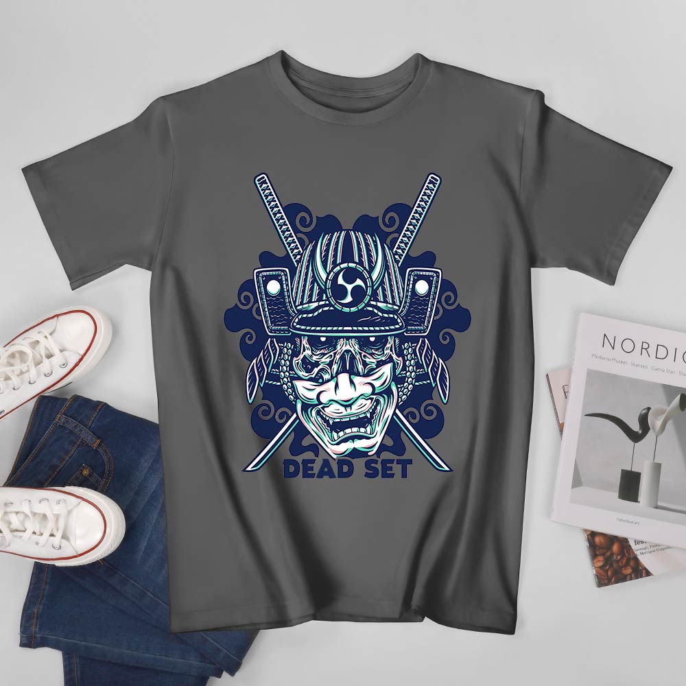 Dark gray cotton samurai skull T-shirt with "DEAD SET" text, leisure wear