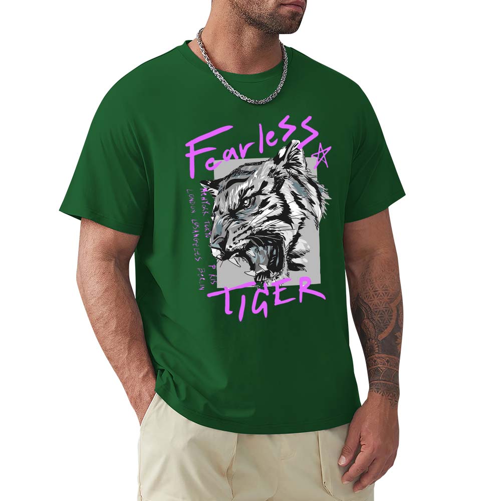 Green 100% cotton Fearless Tiger graphic tee, front and back view, collection