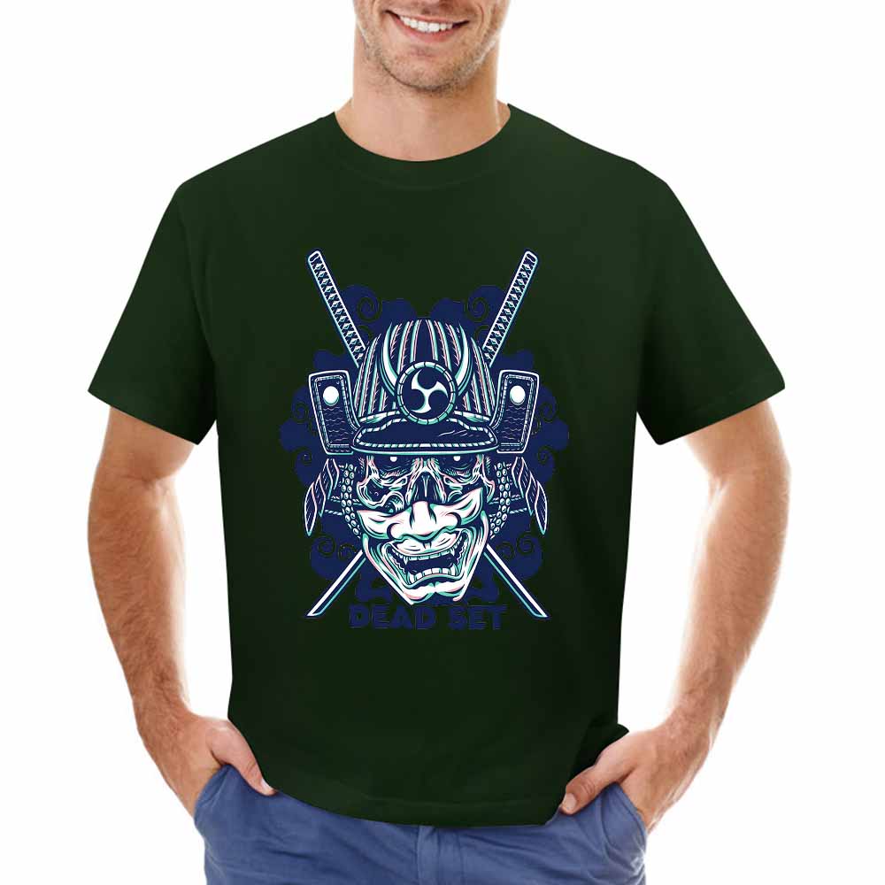 Dark green cotton men's T-shirt with a detailed samurai skull design, perfect for leisure.