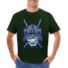 Dark green cotton men's T-shirt with a detailed samurai skull design, perfect for leisure.