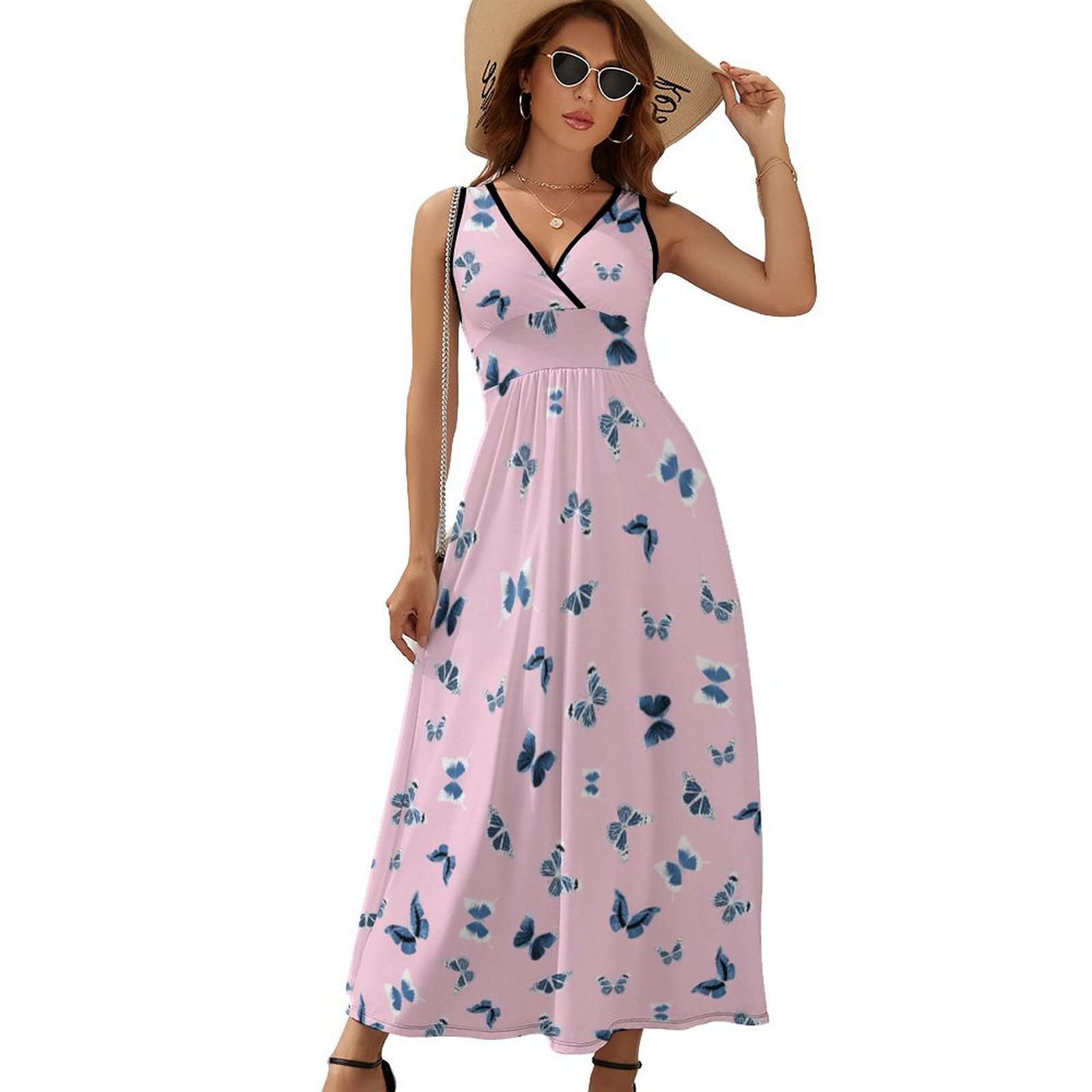 Pink butterfly print sleeveless maxi dress, V-neck, perfect for summer vacation and parties