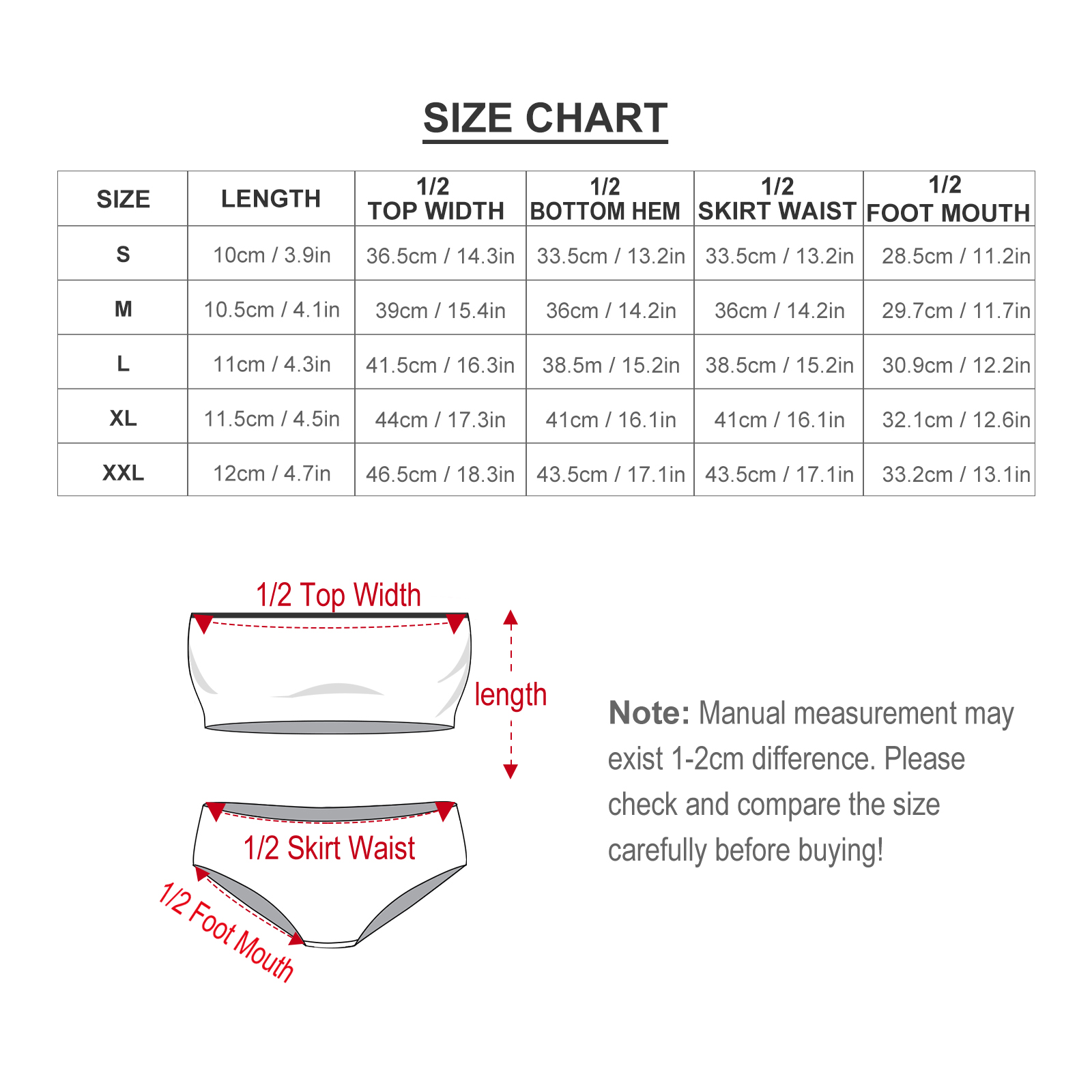 Size chart for ladies' two-piece bikini swimsuit with detailed measurements and strapless design illustration.