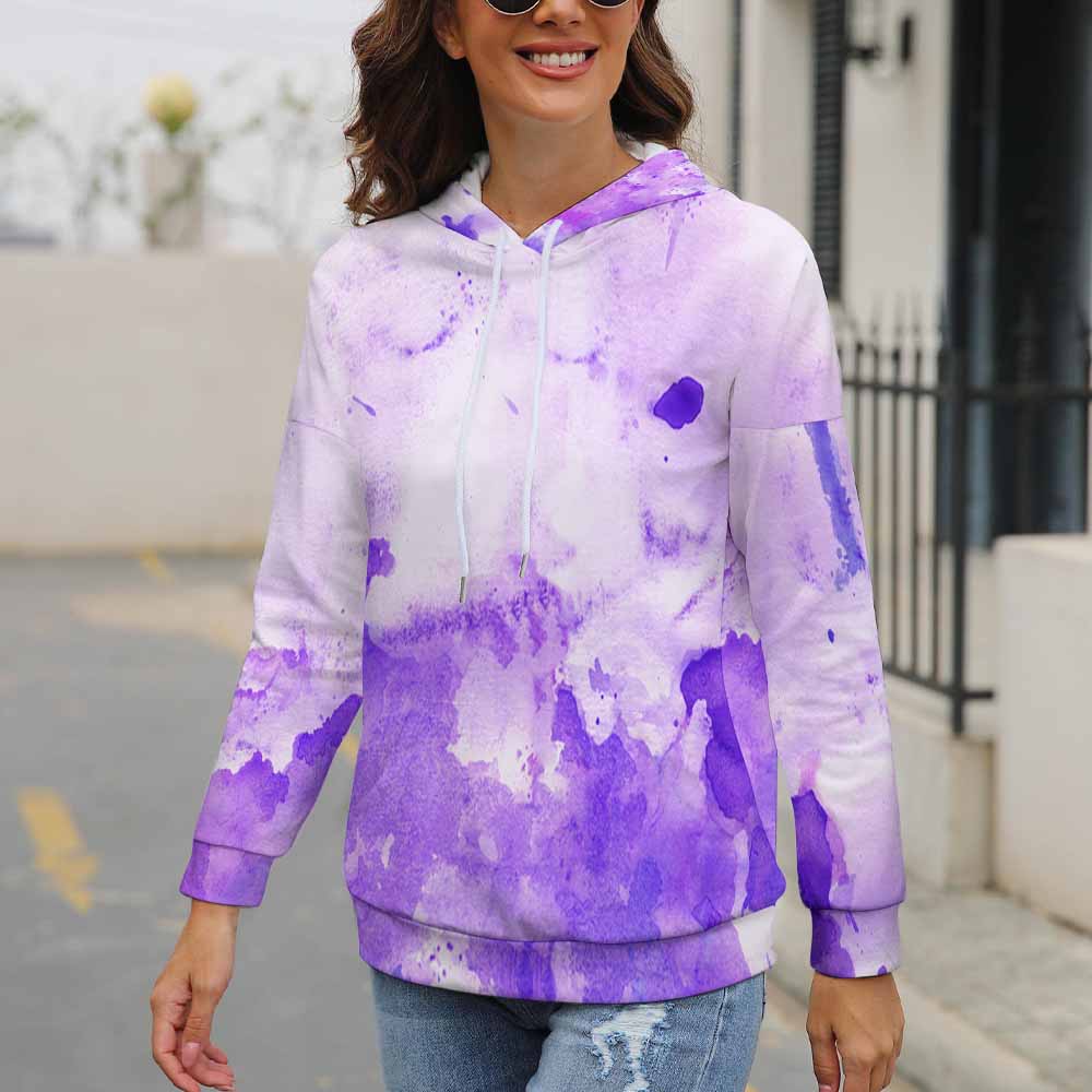Purple Dropped Sleeve Hoodie, watercolor design, casual wear, comfortable fit.