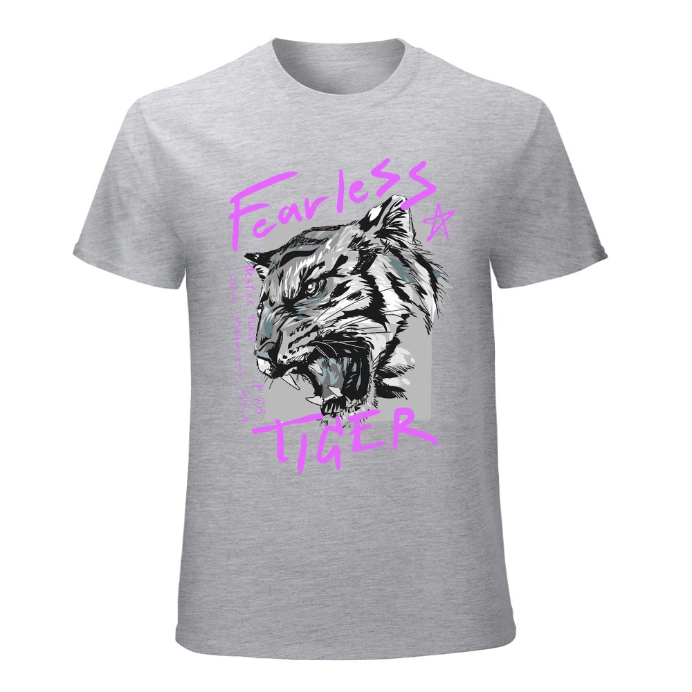 Gray 100% Cotton Men's T-shirt with Fearless Tiger print. collection, pure cotton.