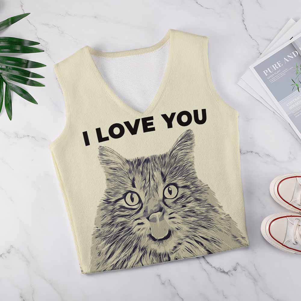 Beige women's knit vest with 'I LOVE YOU' cat face print, perfect for spring/autumn wear.