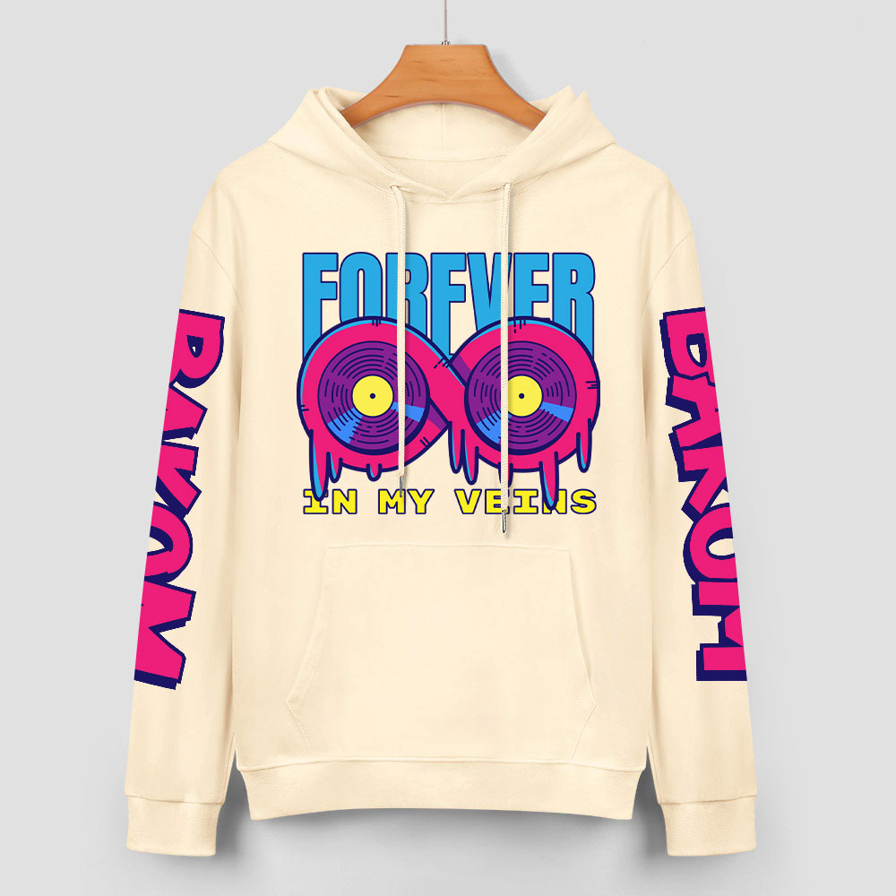Cream cotton FOREVER 99 graphic hoodie, donut design with DAKUM and sleeve prints, youth fashion style.