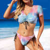 Women's tie-dye short sleeve bikini swimsuit with drawstring, perfect for beach and pool.