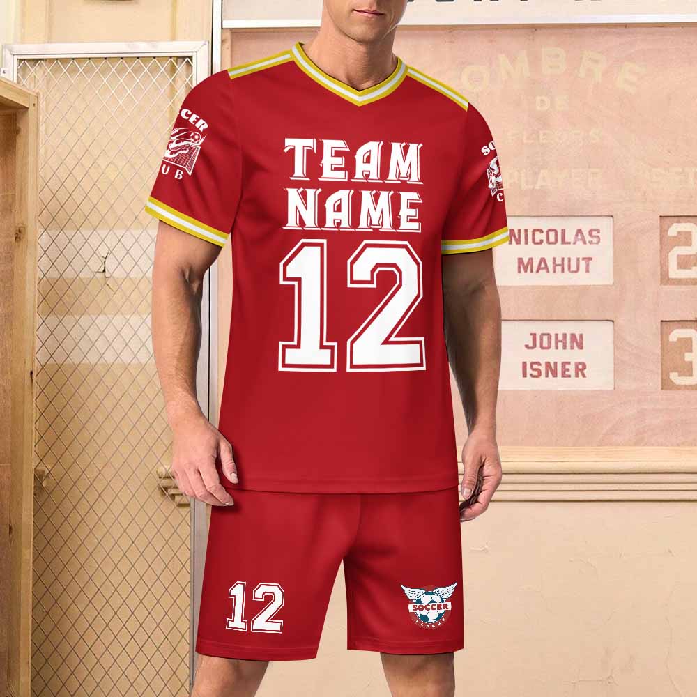 Red football suit set with V-neck, mesh material, TEAM NAME and 12 printed, suitable for sports and daily wear