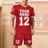 Red football suit set with V-neck, mesh material, TEAM NAME and 12 printed, suitable for sports and daily wear
