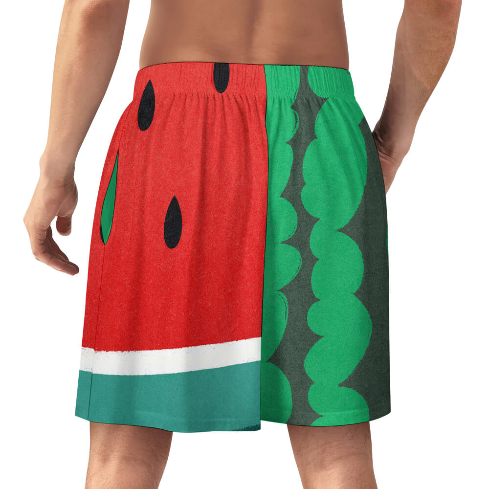 Men's ice silk pajama shorts with vibrant watermelon print. Comfortable, breathable sleepwear for home or vacation.