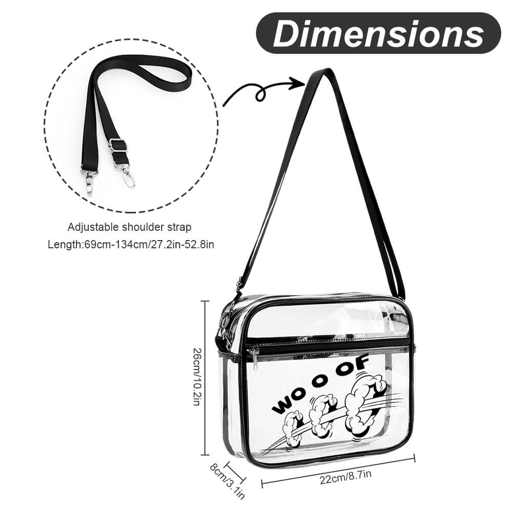 Transparent satchel bag dimensions with shoulder strap. PVC material, see-through design, perfect for daily use or travel.