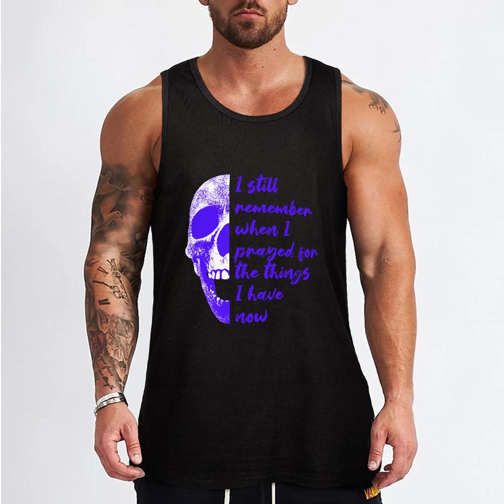 Black tank top with purple skull print and quote, 100% cotton, perfect for sports and daily wear