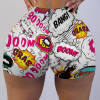 High-waisted comic pop art shorts for yoga and fitness, featuring 'DOOM' and 'BANG!'