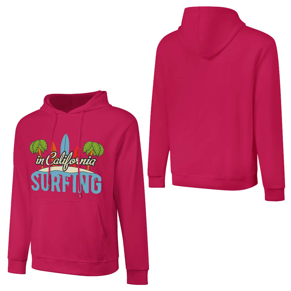 Hot pink cotton hoodie with CALIFORNIA SURFING graphic, loose fit, for daily wear