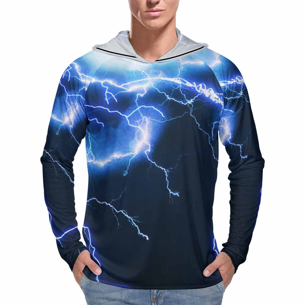 Men's Sun Protection Hoodie - Blue lightning print, long sleeve, UV protection