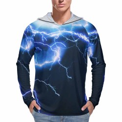 Men's Sun Protection Hoodie - Blue lightning print, long sleeve, UV protection