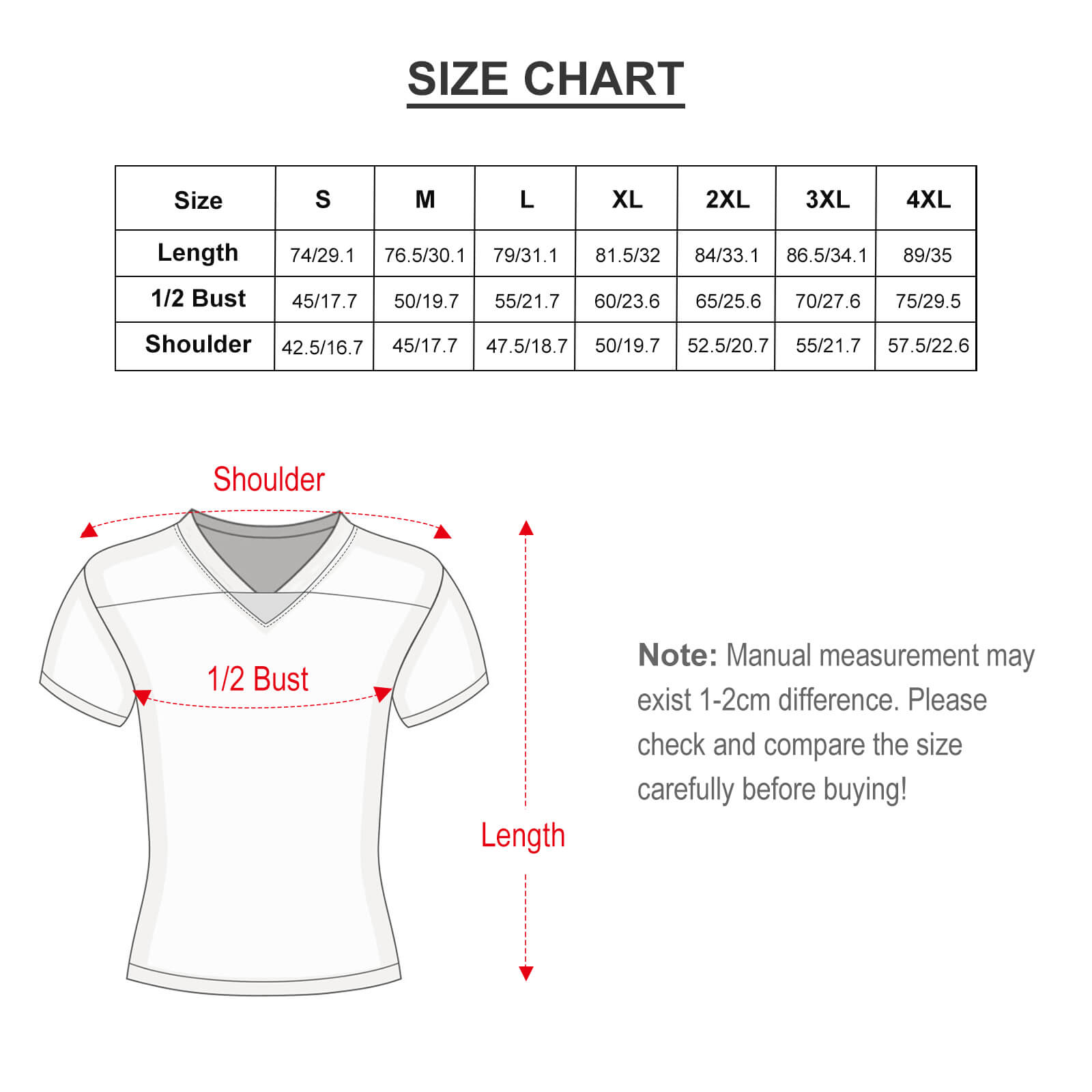 Size chart for fully printing clothing uniforms, including length, bust, shoulder measurements.
