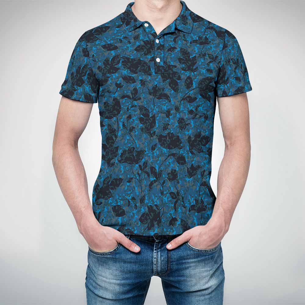 Blue mesh polo shirt with dark floral pattern, perfect for golf and outdoor activities