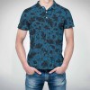 Blue mesh polo shirt with dark floral pattern, perfect for golf and outdoor activities