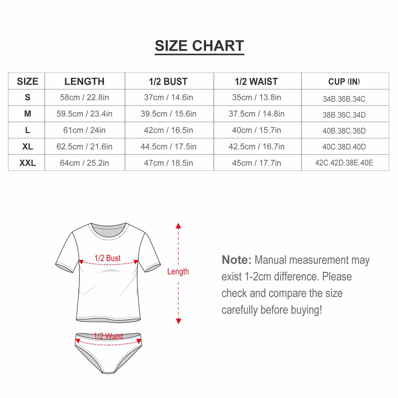 Short sleeve bikini swimsuit size chart: length, bust, waist, and cup measurements.
