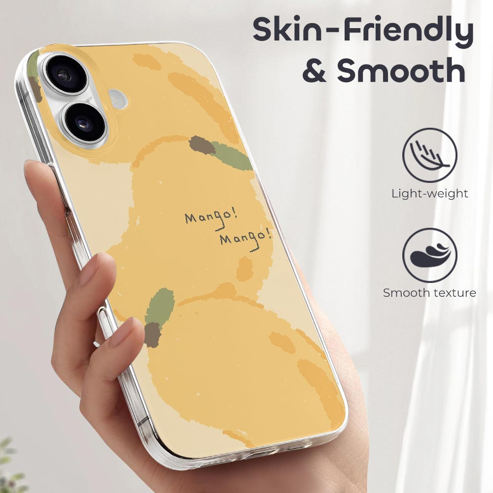 iPhone 16 Series case, yellow TPU with mango design, skin-friendly & smooth cover.