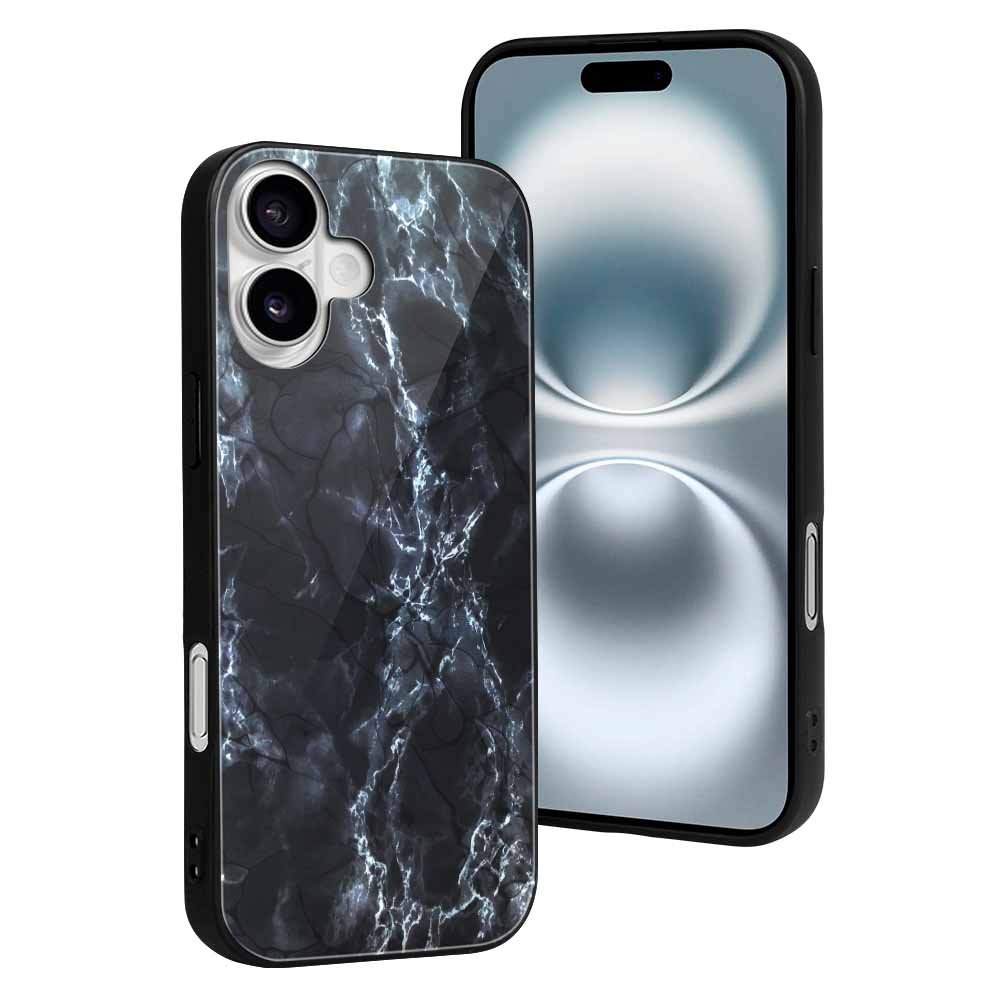 iPhone 16 series glass case with marble design, scratch-resistant protection.