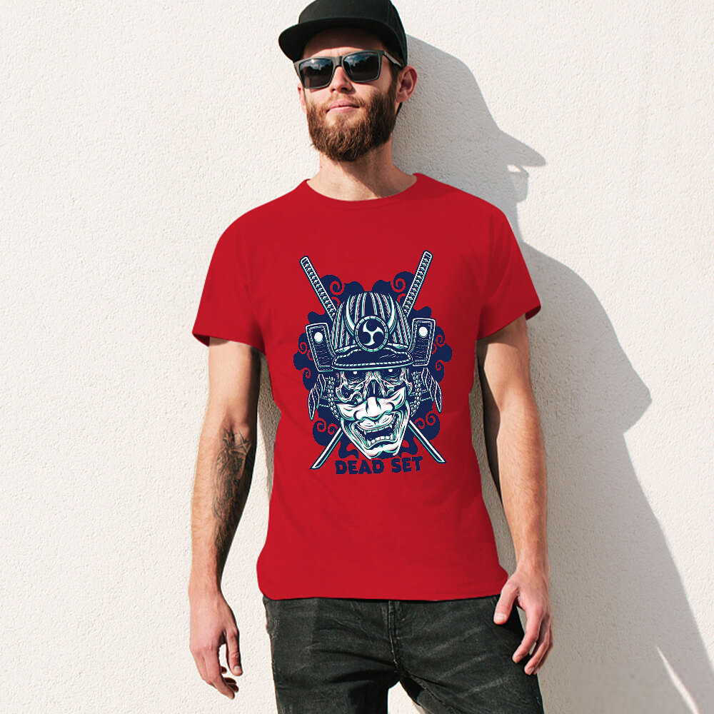 Red cotton men's T-shirt with blue samurai skull design, perfect for leisure and events.
