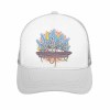White baseball cap with unique colorful graphic design, mesh back, curved brim, Inkedjoy.