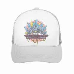 White baseball cap with unique colorful graphic design, mesh back, curved brim, Inkedjoy.