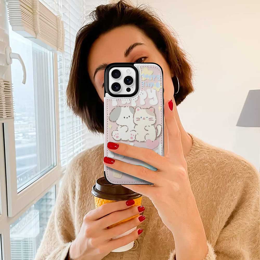 iPhone 16 case with cartoon design, featuring a cute design. TPU leather cover and card slot.
