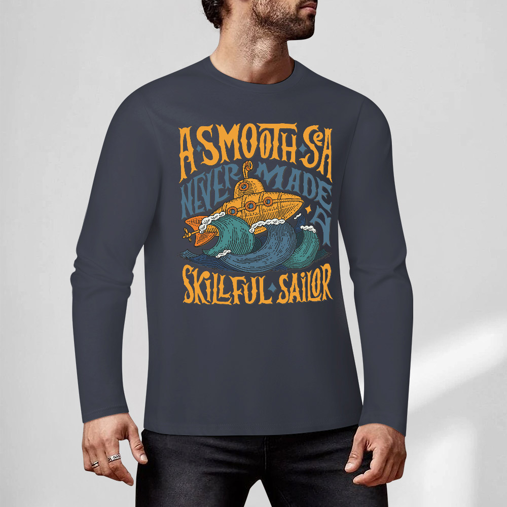 Dark blue cotton long sleeve t-shirt with graphic, casual wear, featuring ASMOOTH ARE MADE OF SOULFUL design