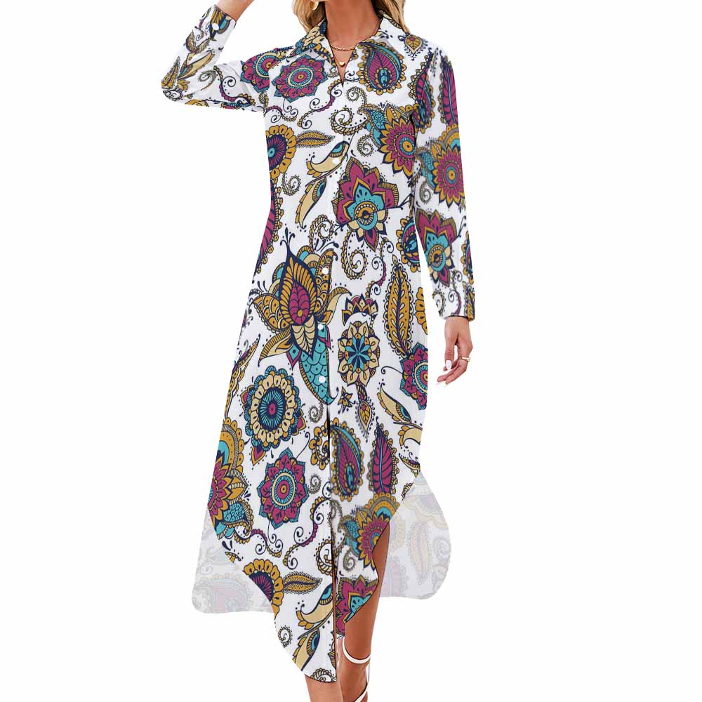 Button Neck Long Sleeve Shirt Dress with Pattern - Comfortable Polyester