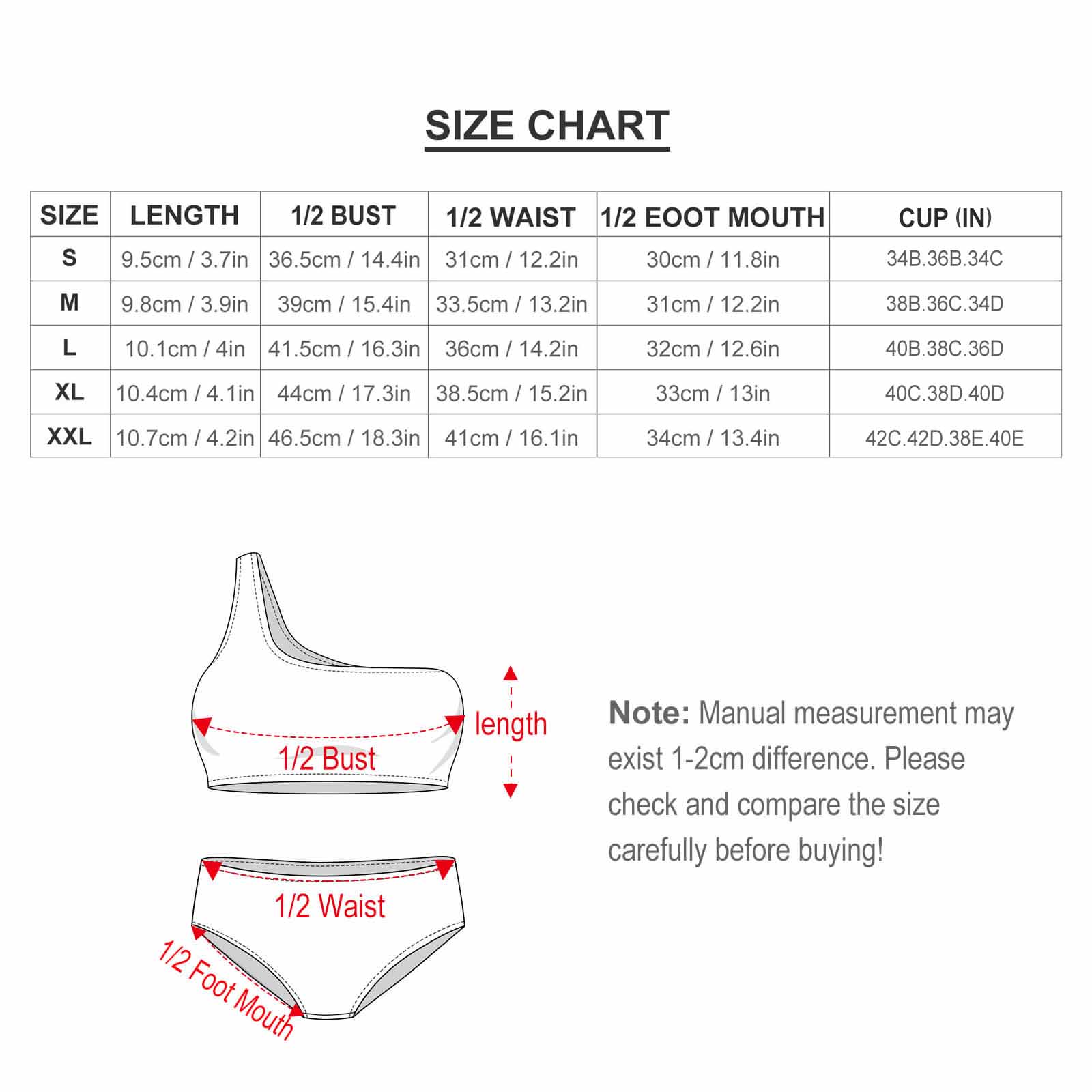 Size chart for the Sexy Two Piece Bikini Swimsuit, showing measurements and cup sizes.