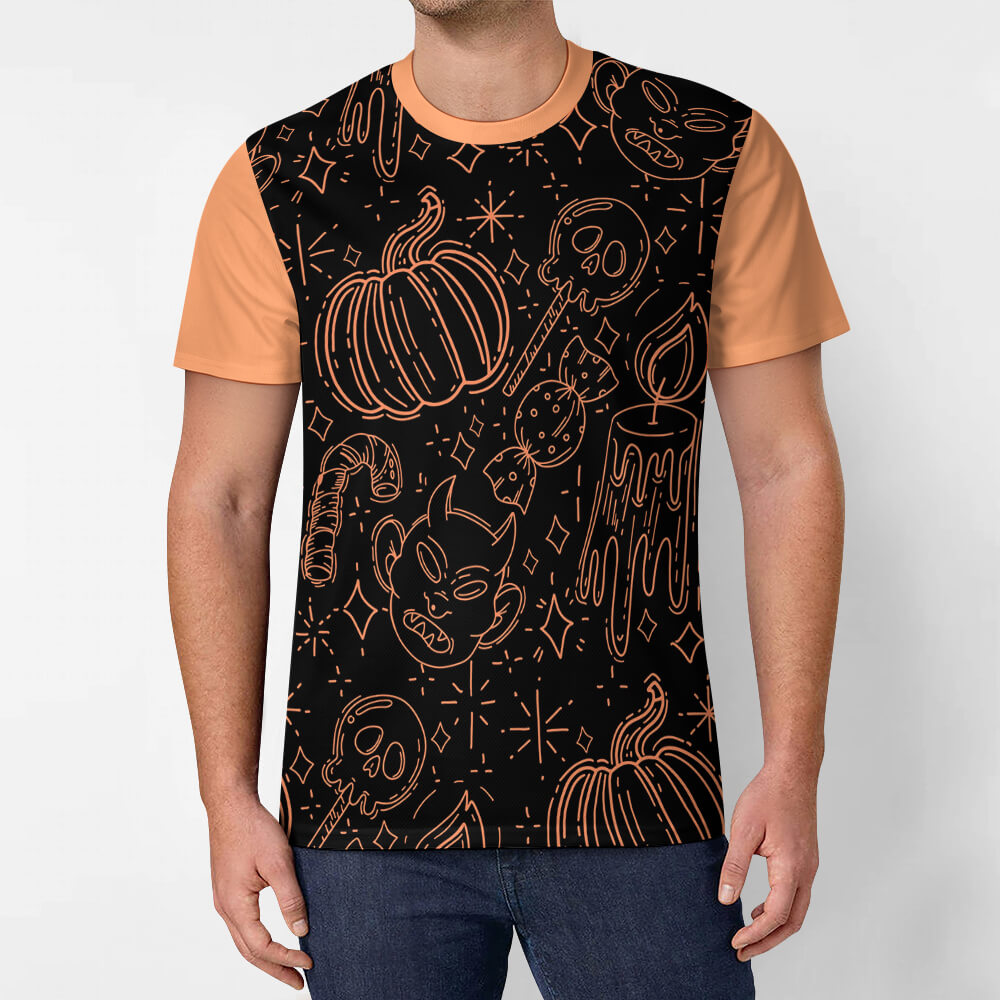 Ice silk all-print T-shirt with a black and orange pumpkin pattern, perfect for summer wear.