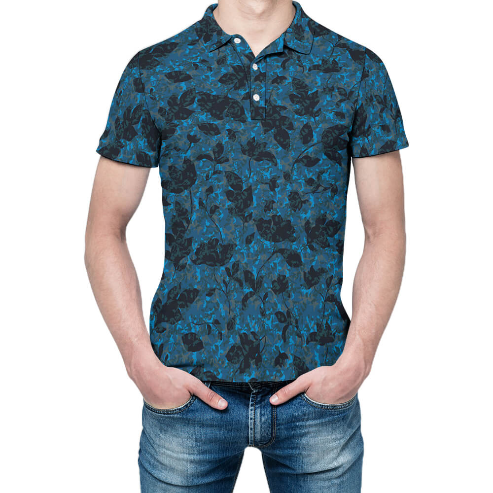 Blue polo straight shirt with black patterns, perfect for various occasions, comfortable mesh fabric.