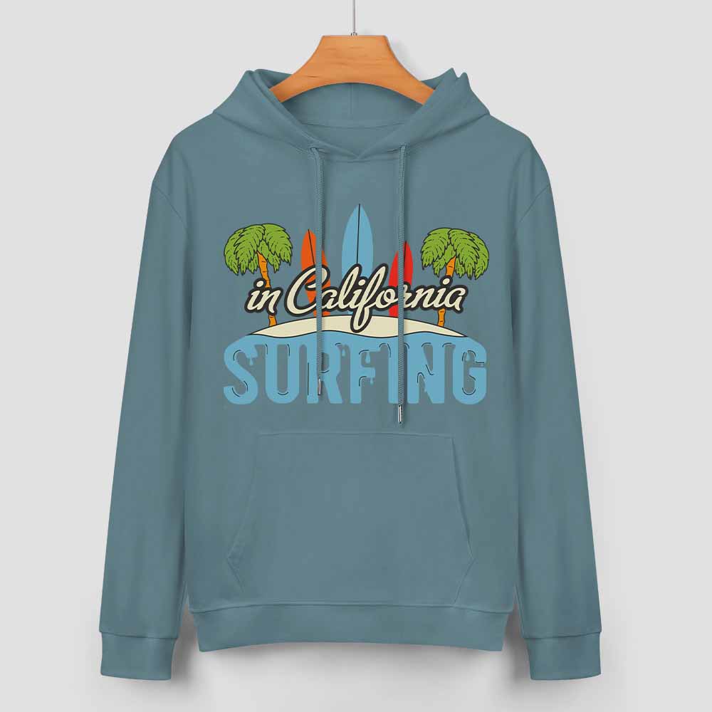 Blue cotton California Surfing hoodie, loose fit, for daily wear, with graphic.
