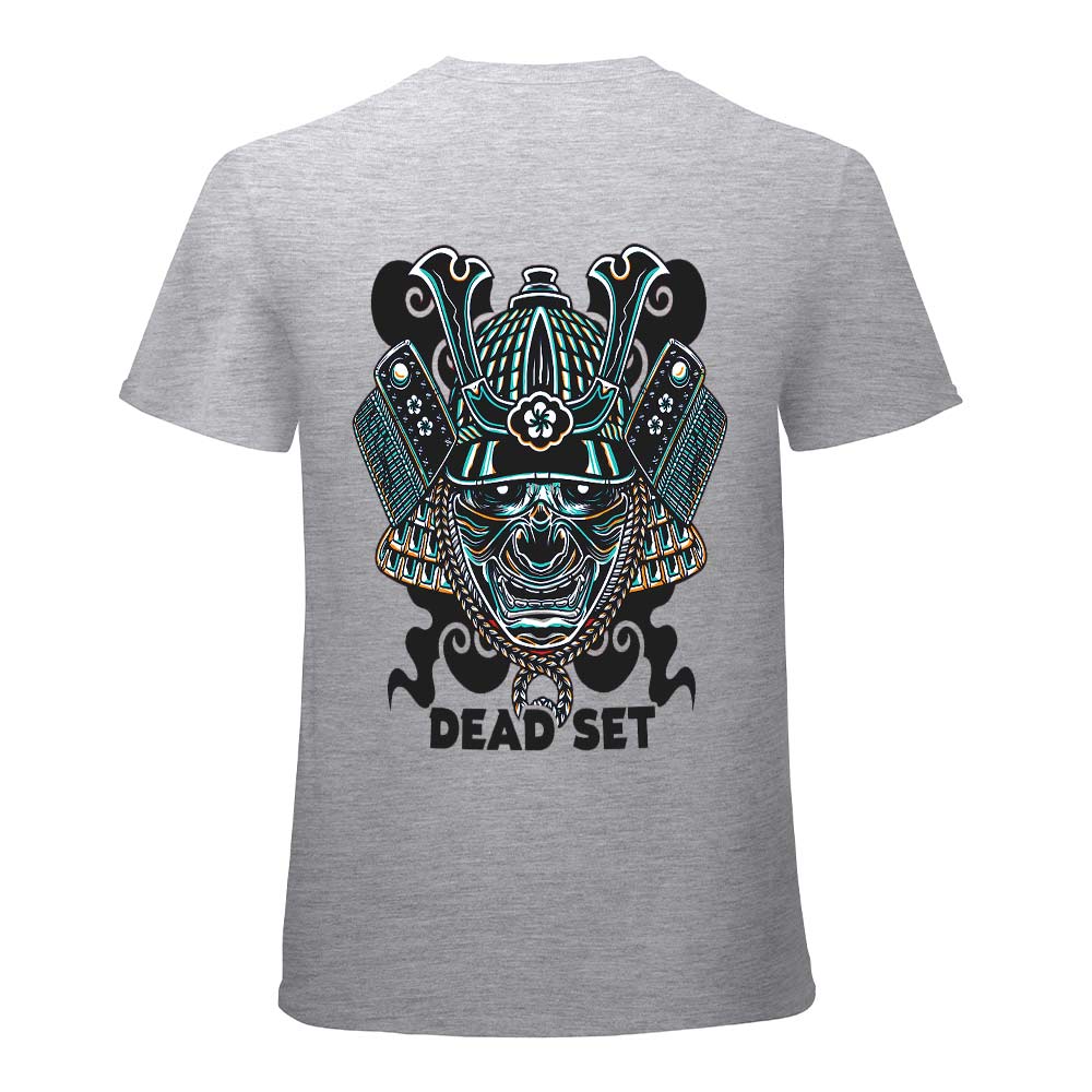 White cotton men's T-shirt with blue samurai skull design and "DEAD SET" text, ideal for leisure and events.