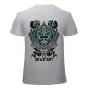 White cotton men's T-shirt with blue samurai skull design and "DEAD SET" text, ideal for leisure and events.