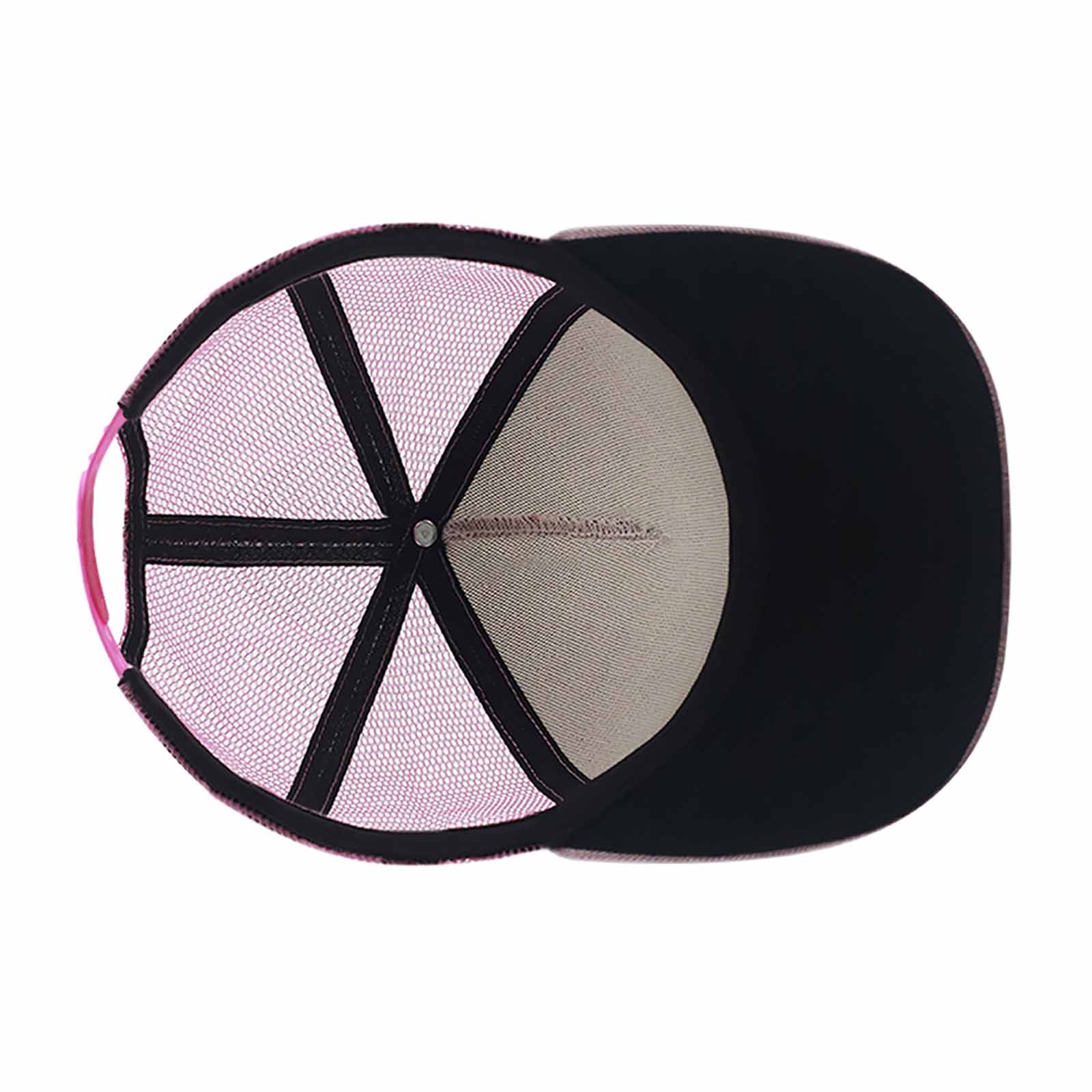 Black baseball cap interior view, showcasing mesh back for breathability and comfortable fit.