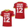 Red football suit set with TEAM NAME and number 12, V-neck design, made of mesh material, perfect for sports and daily wear.