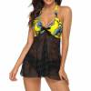 Yellow floral halter bikini swimsuit with black skirt, adjustable length, unwired cups for comfort and style