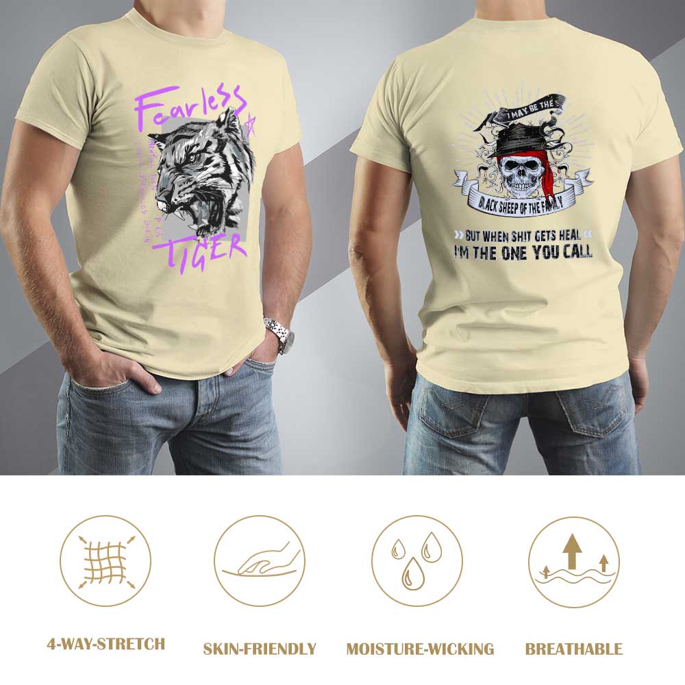 Light yellow cotton men's 'Fearless Tiger' graphic tee, front and back print,collection