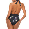 Black floral halter one-piece bikini swimsuit, deep V-neck design, adjustable straps