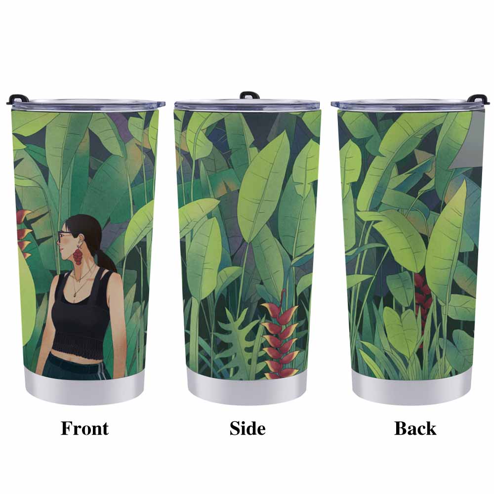 20 oz Stainless Steel Travel Mug with green leaves pattern and a woman design, perfect for outdoor and car use