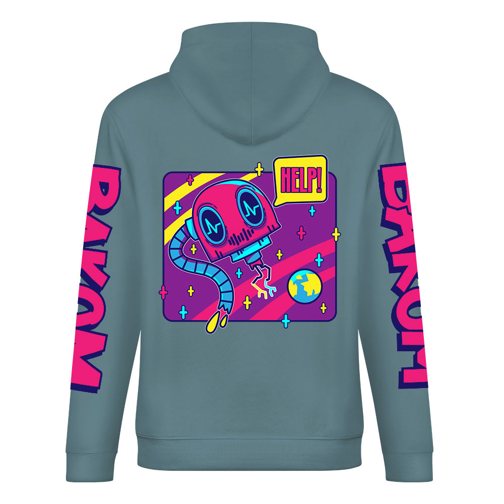 Teal cotton hoodie with FOREVER 99 donut graphic, DAKUM sleeve prints, youth fashion style.