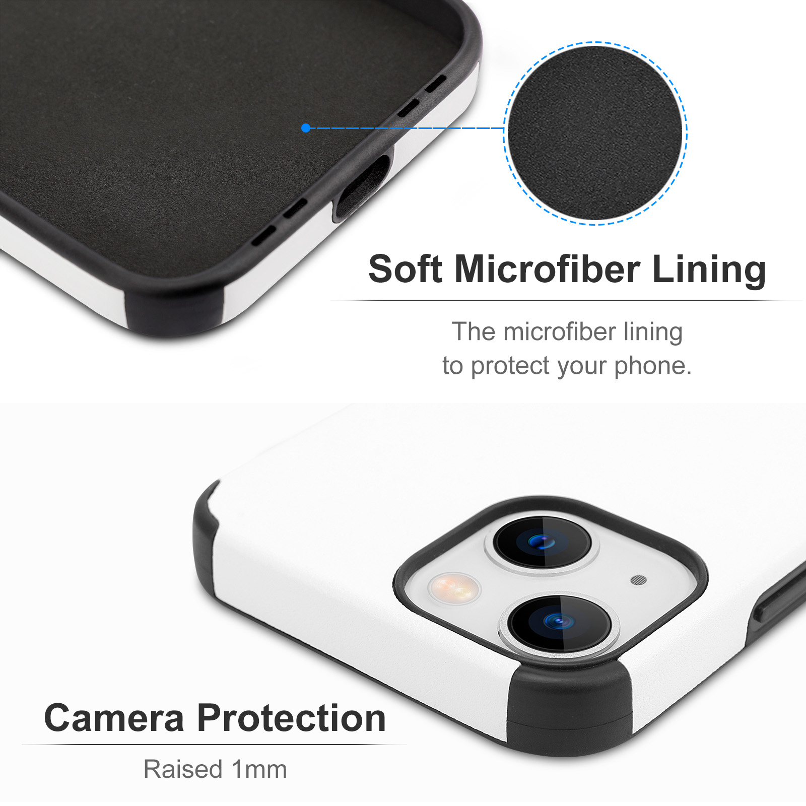 iPhone 13 fiber skin case with soft microfiber lining and camera protection, scratch-resistant design.